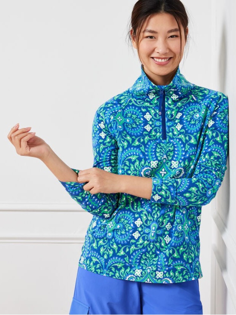 Talbots Green Blue Royal Medallion French Terry Half Zip Pullover Modal Cotton